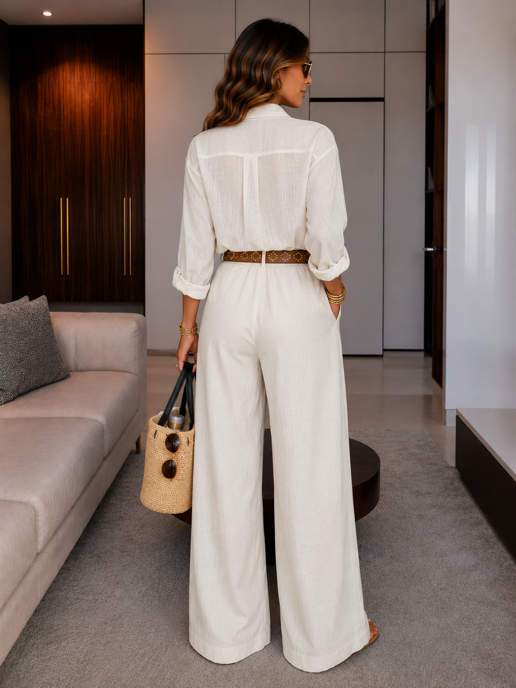Casual Style Sleeveless Shirt and Wide-Leg Pants Set