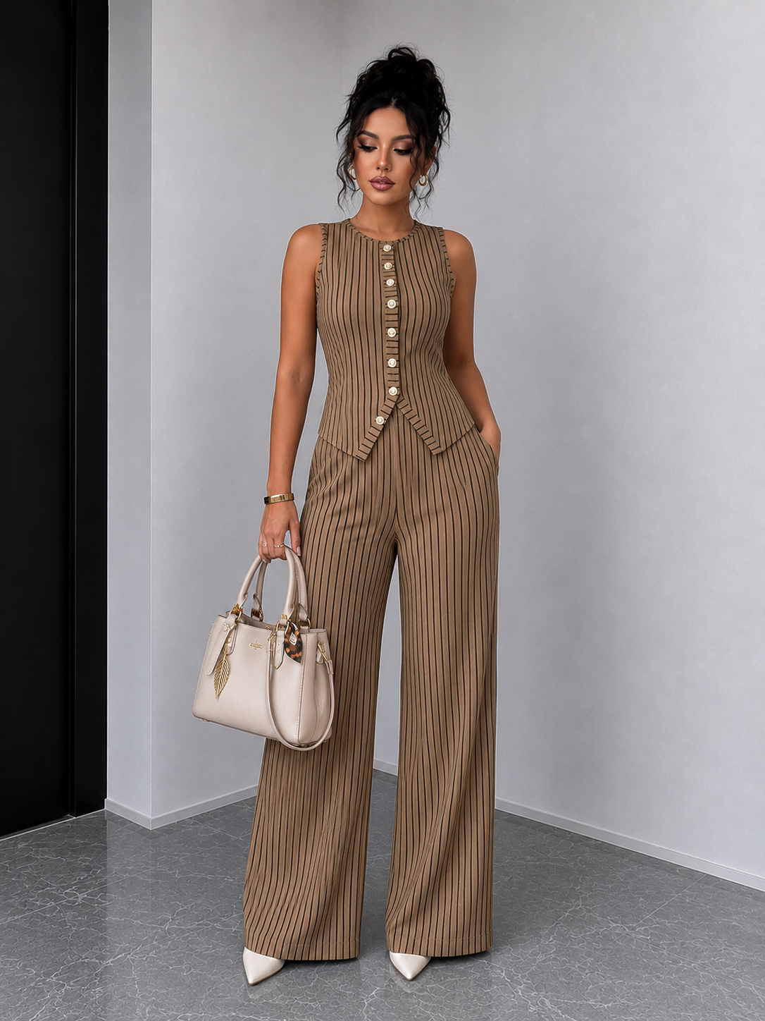 Conjunto de chaleco a rayas retro y pantalón de pierna ancha para mujer.