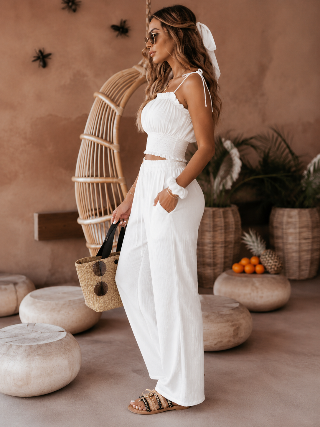 Summer casual short fabric vest and trousers set