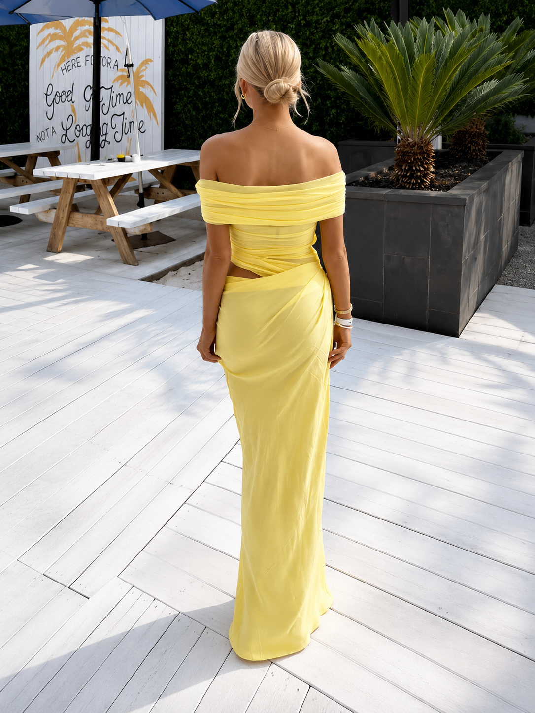 Mesh Off-Shoulder Pleated Dress