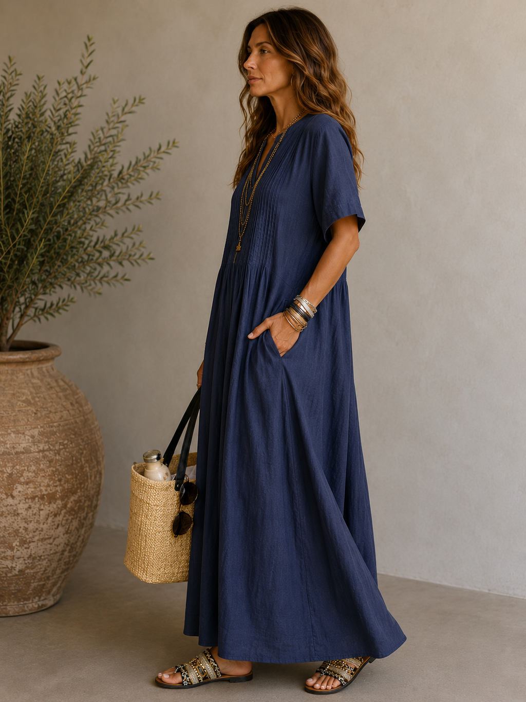 Women's V-Neck Pleated Cotton Linen Dress