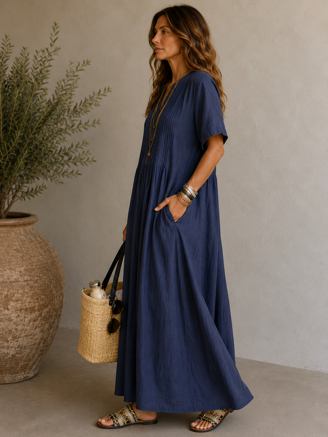 Women's V-Neck Pleated Cotton Linen Dress