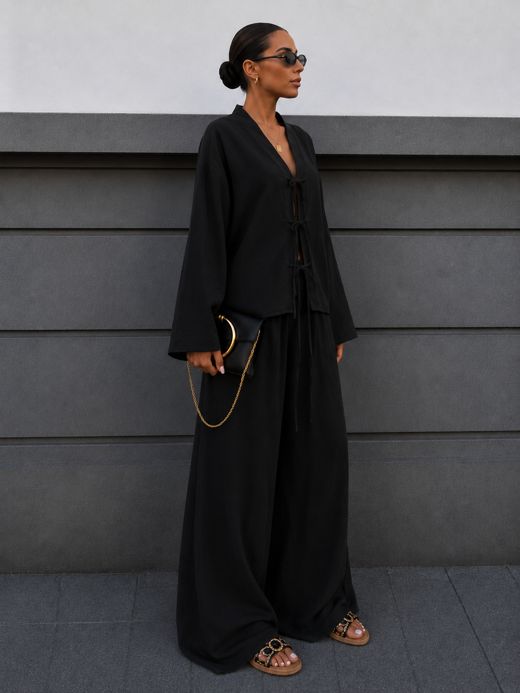 Stylish belted shirt and trousers set