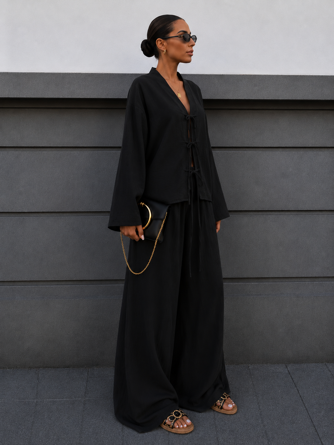Stylish belted shirt and trousers set
