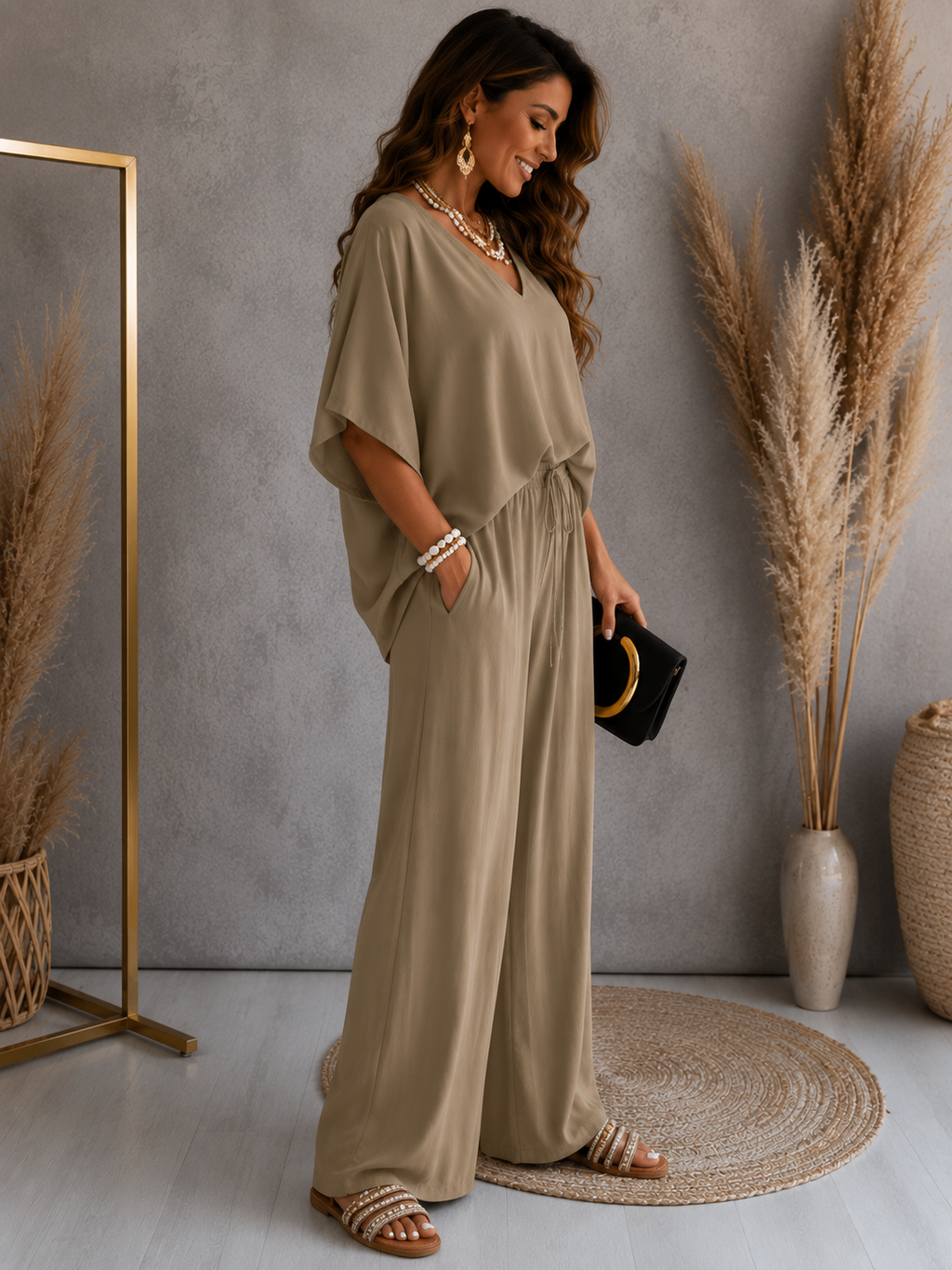 Womens V-Neck Batwing Sleeve Wide-Leg Pants Set