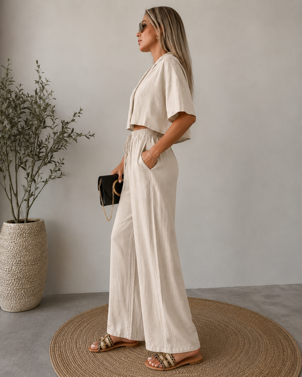 Cotton Linen Shirt and Wide Leg Pants