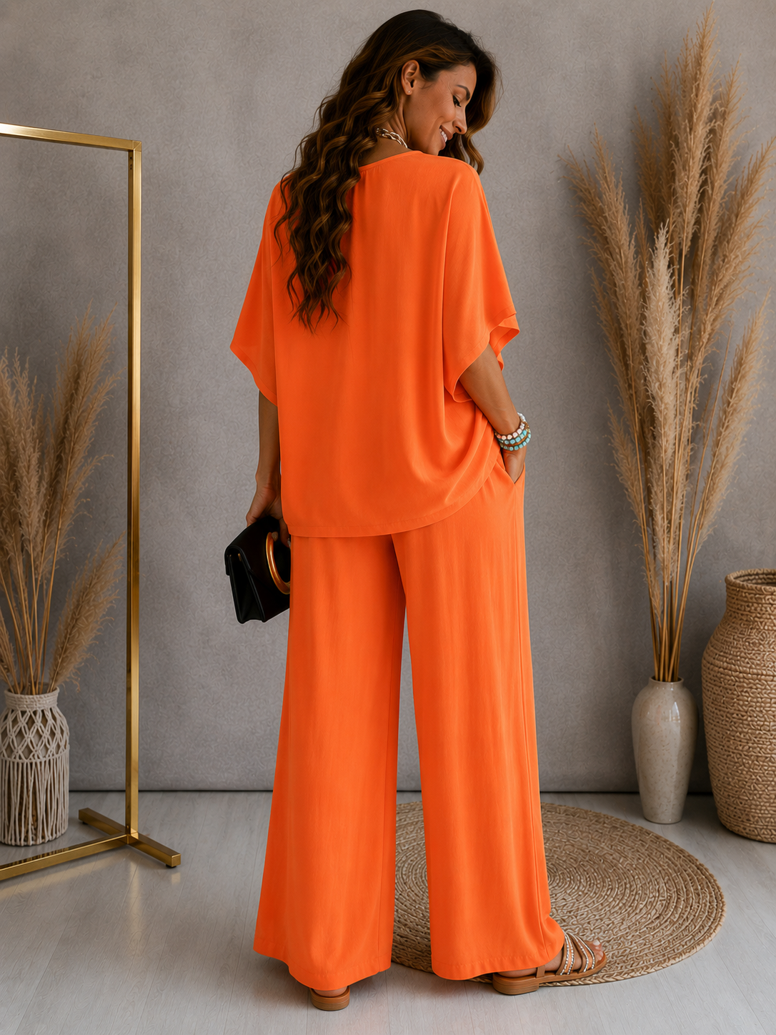 Womens V-Neck Batwing Sleeve Wide-Leg Pants Set