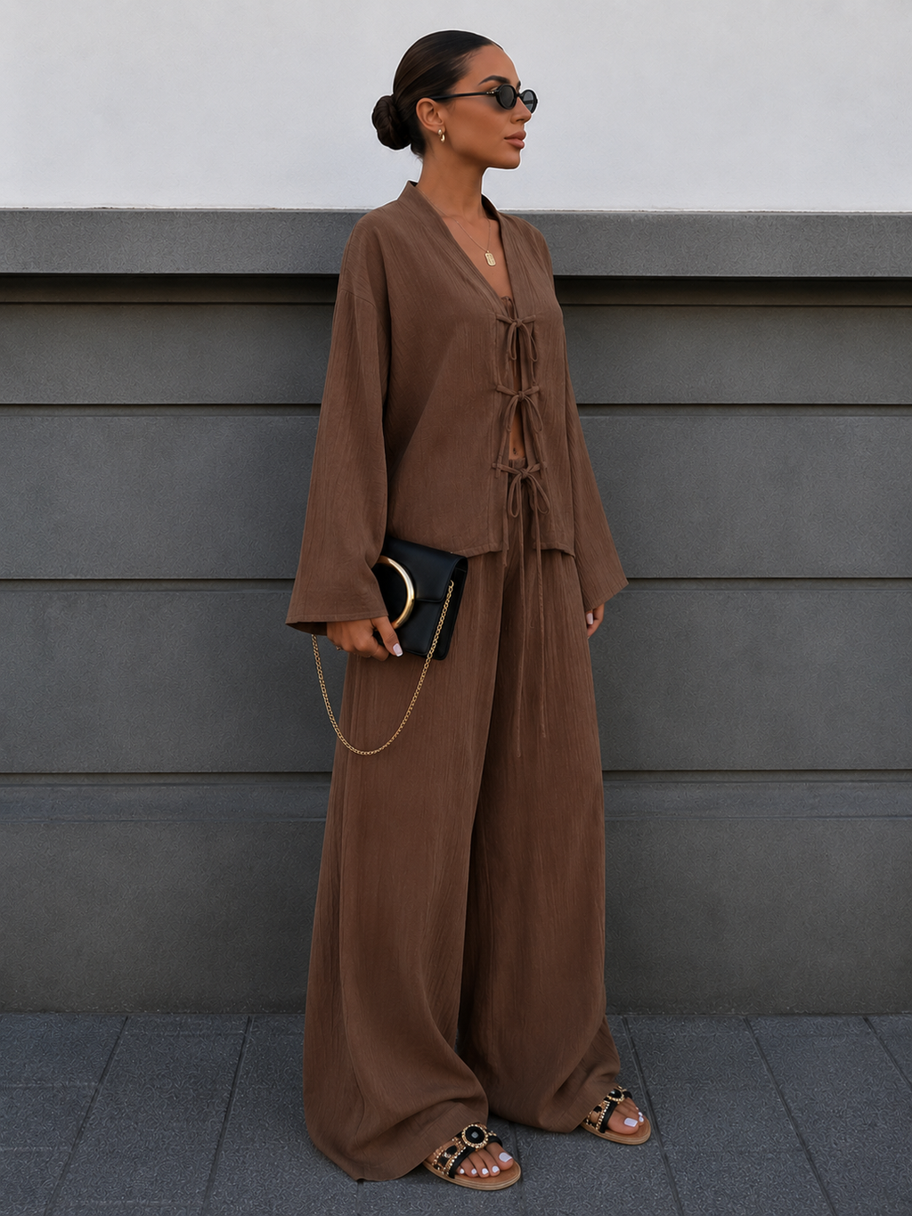 Stylish belted shirt and trousers set