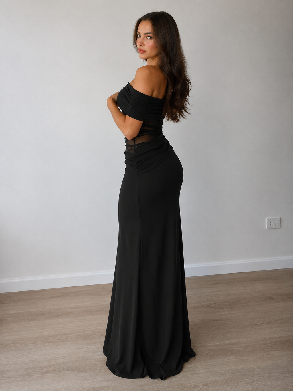 Mesh Off-Shoulder Pleated Dress
