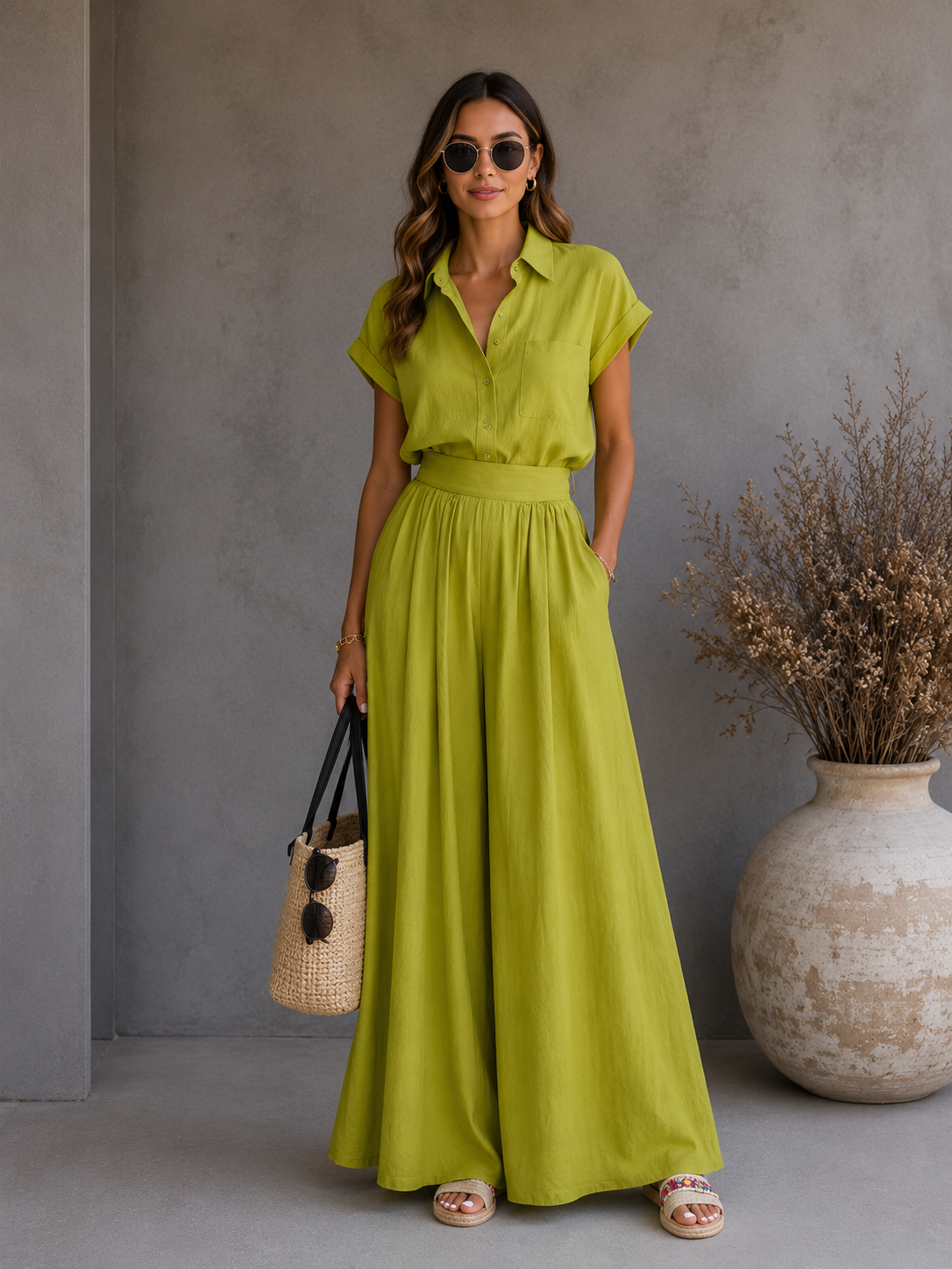 Conjunto de dos piezas de moda primavera-verano: camisa lisa y pantalón de pierna ancha.