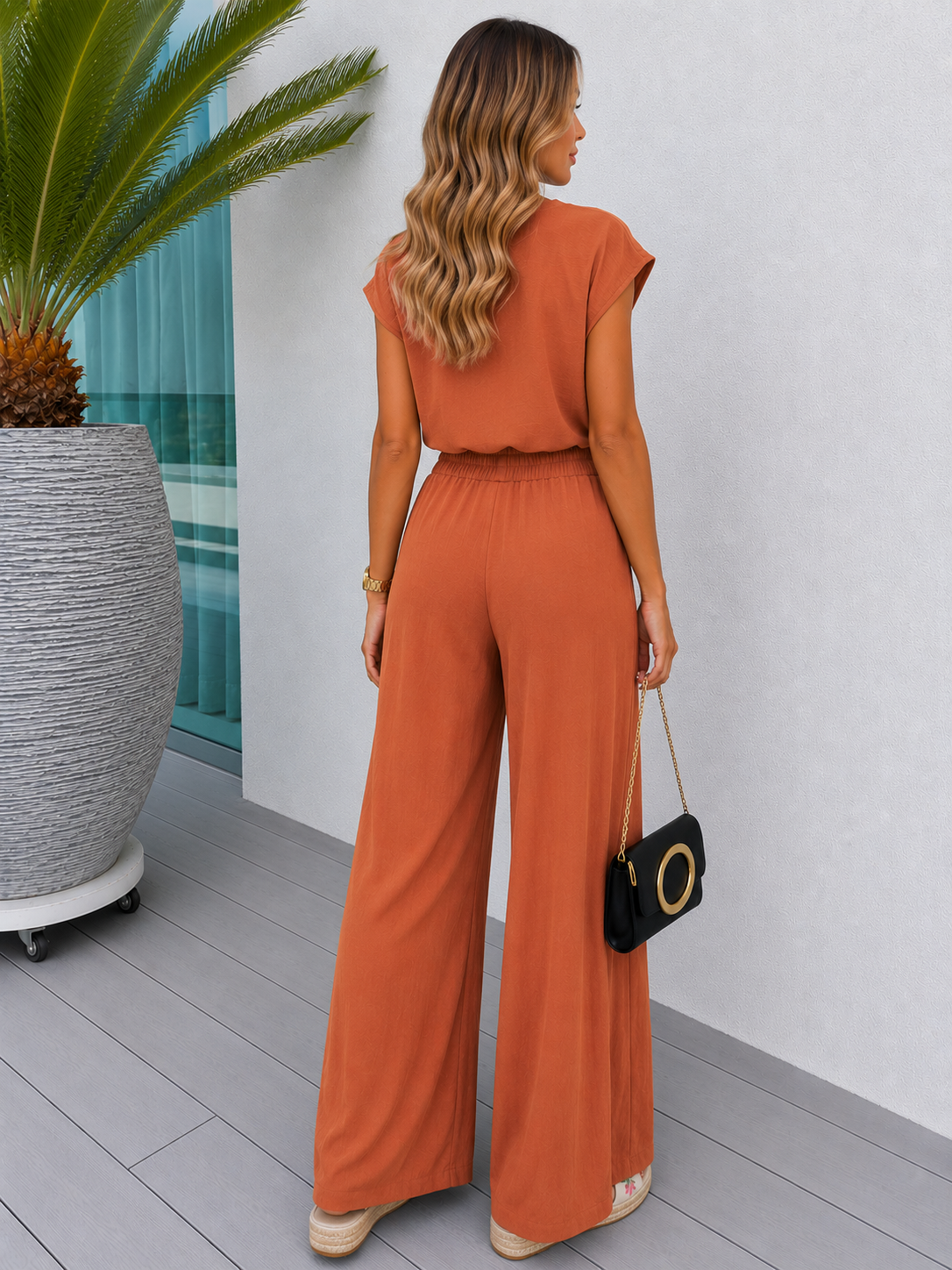 Womens Sleeveless V-Neck Wide Leg Casual Suit Set