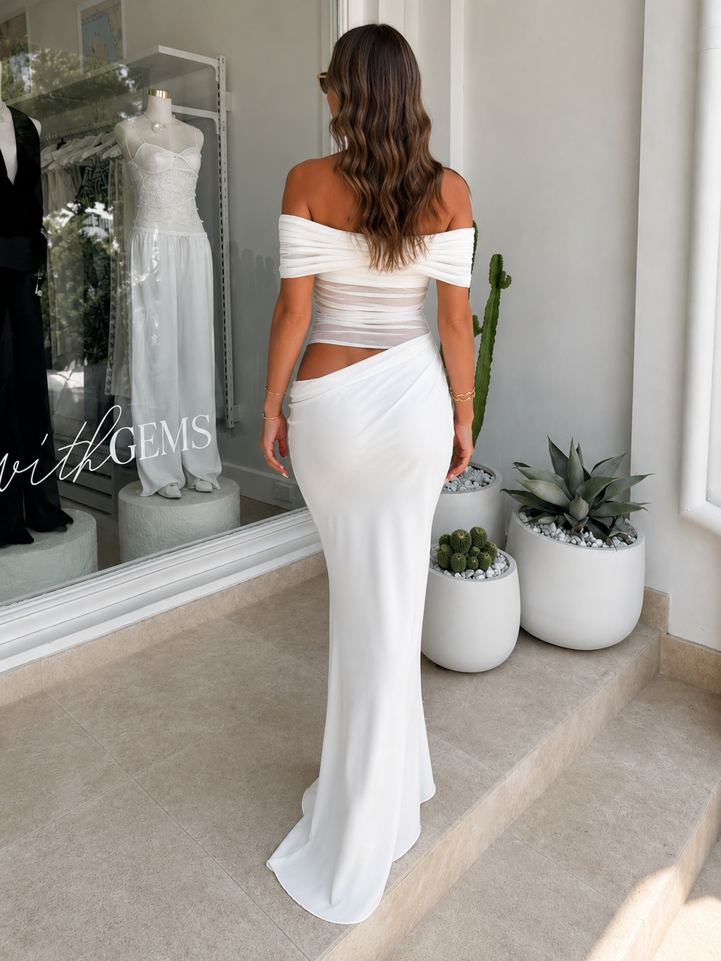 Mesh Off-Shoulder Pleated Dress
