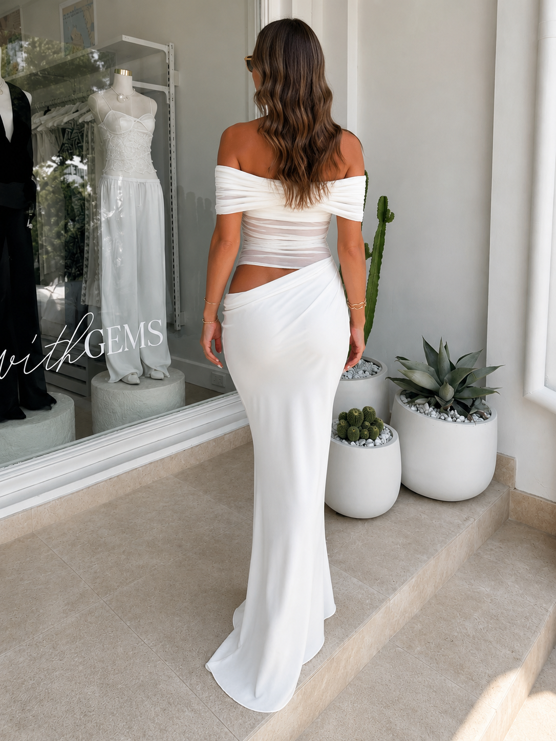 Mesh Off-Shoulder Pleated Dress