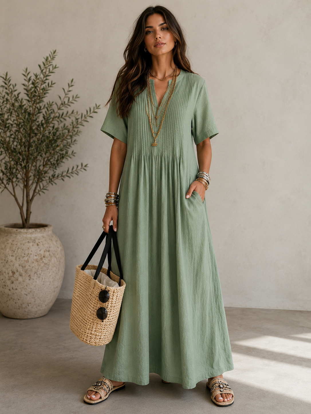 Women's V-Neck Pleated Cotton Linen Dress
