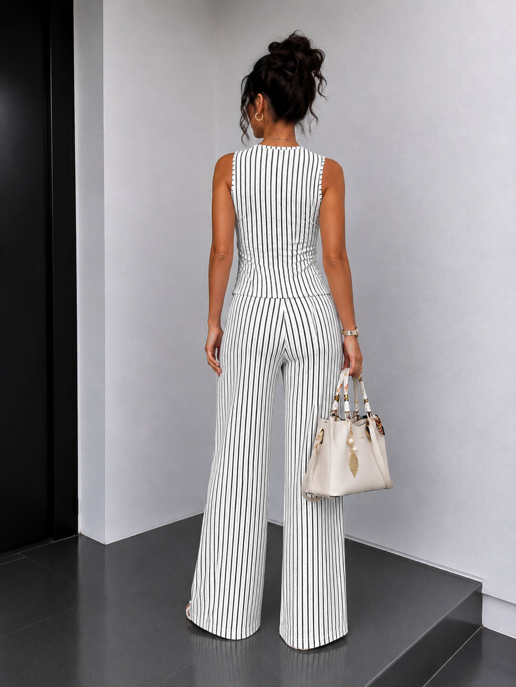Womens Retro Striped Vest and Wide-Leg Pants Set