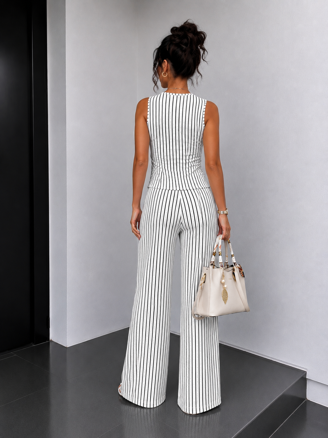 Womens Retro Striped Vest and Wide-Leg Pants Set