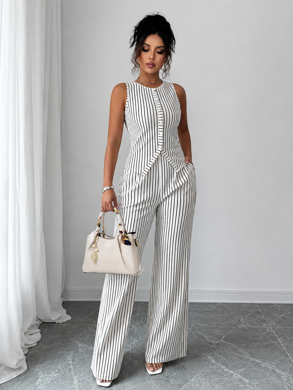 Womens Retro Striped Vest and Wide-Leg Pants Set