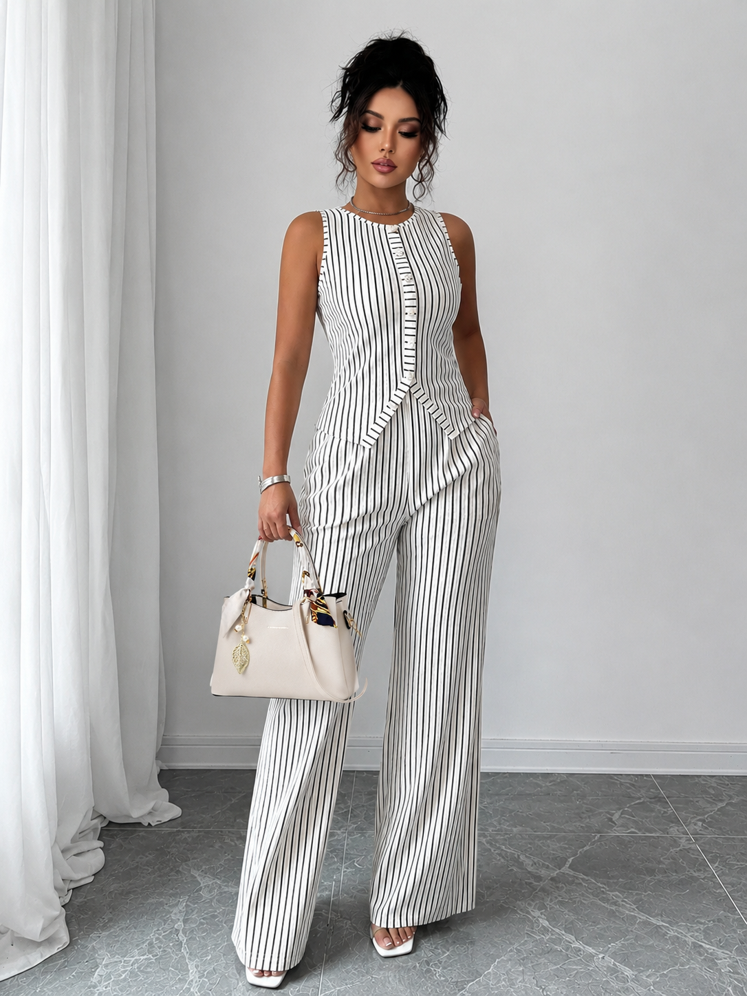 Womens Retro Striped Vest and Wide-Leg Pants Set