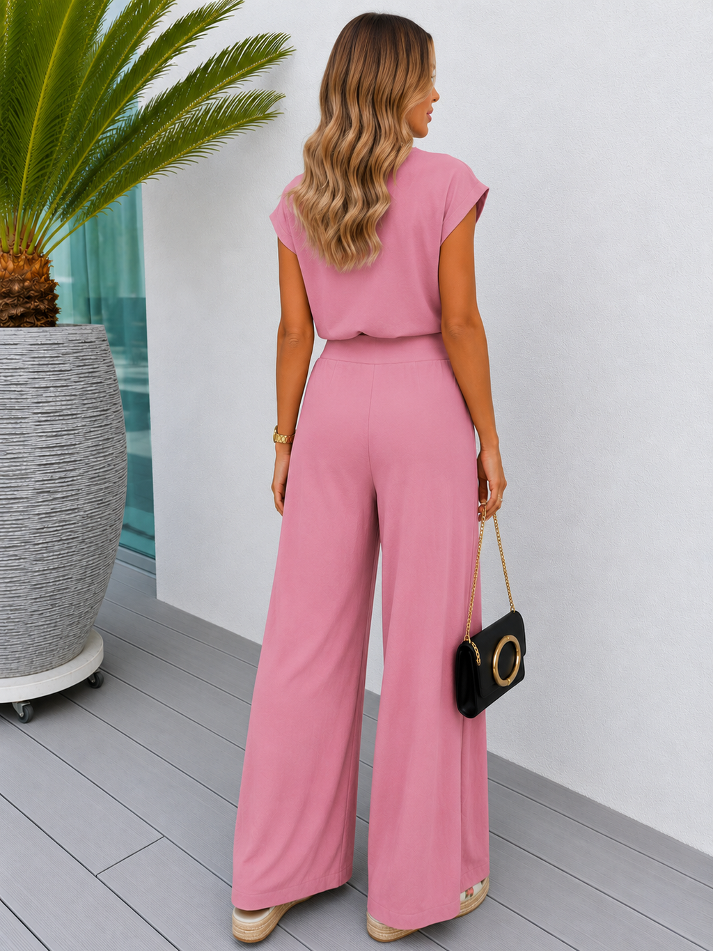 Womens Sleeveless V-Neck Wide Leg Casual Suit Set