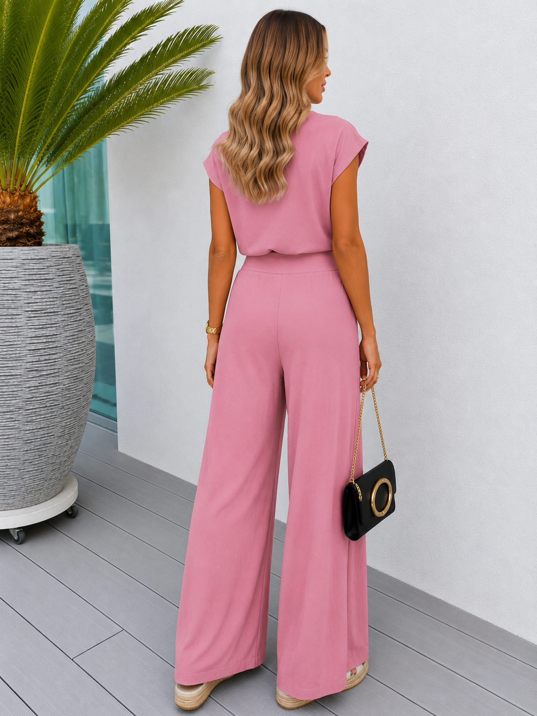 Womens Sleeveless V-Neck Wide Leg Casual Suit Set