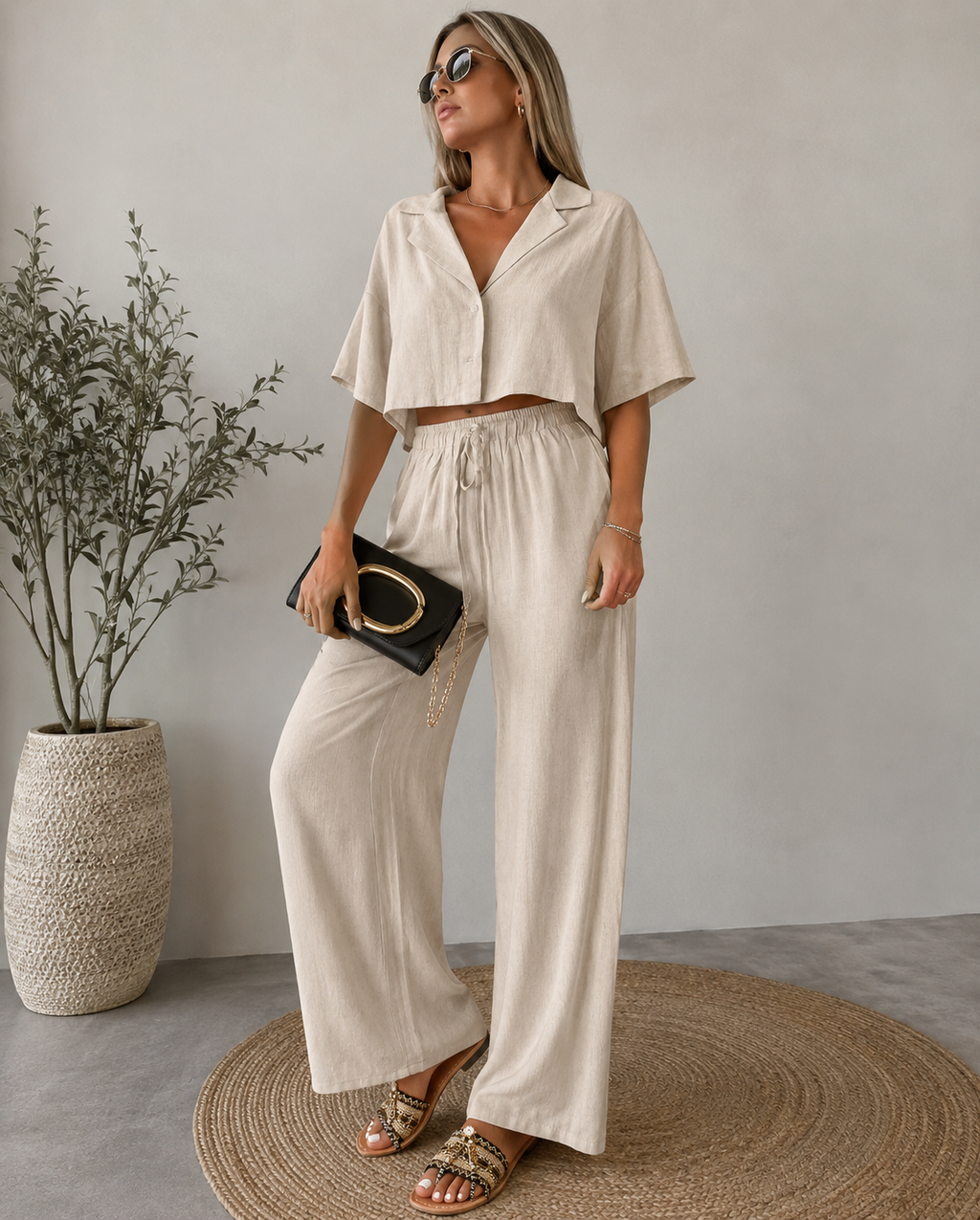 Cotton Linen Shirt and Wide Leg Pants