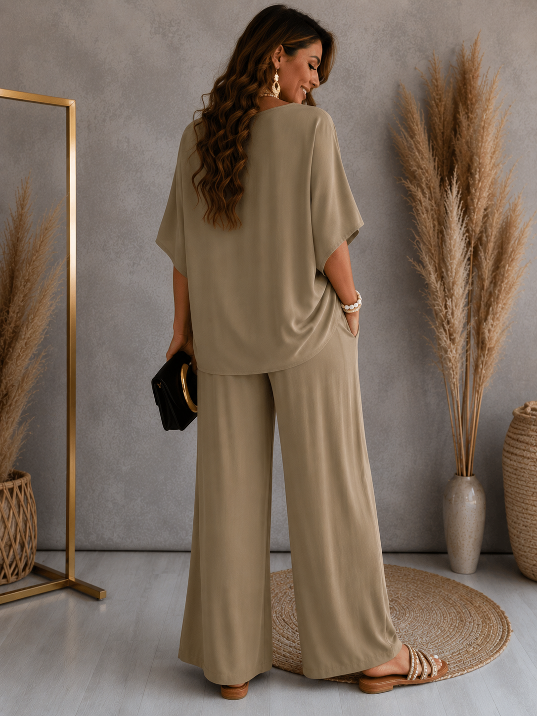 Womens V-Neck Batwing Sleeve Wide-Leg Pants Set