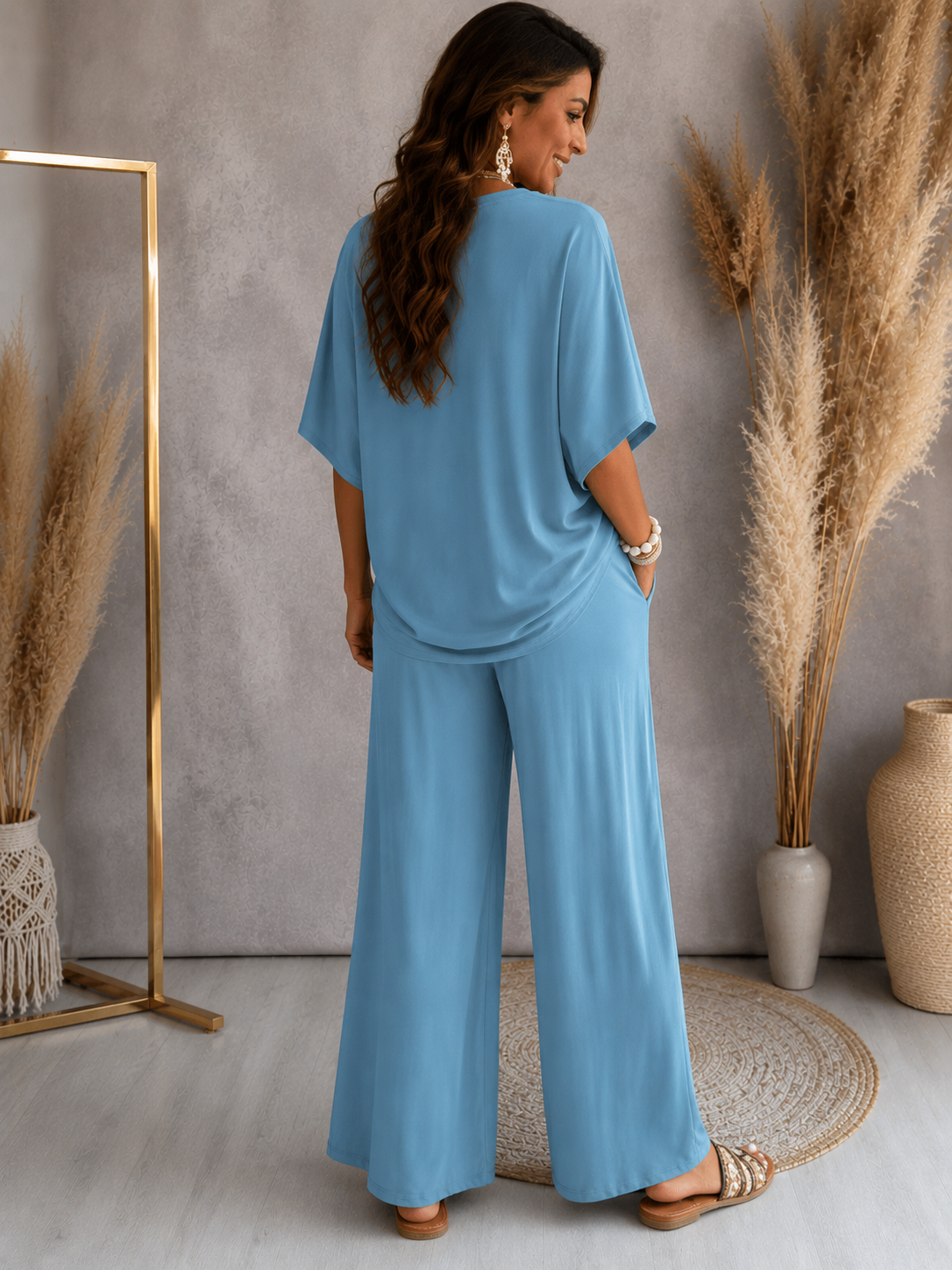 Womens V-Neck Batwing Sleeve Wide-Leg Pants Set