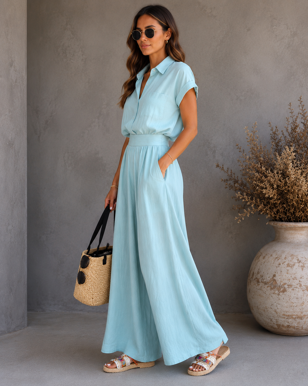 New Fashion Spring-Summer Casual Solid Shirt and Wide-Leg Pants Two-Piece Set