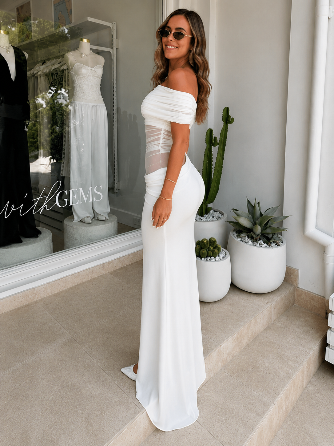 Mesh Off-Shoulder Pleated Dress