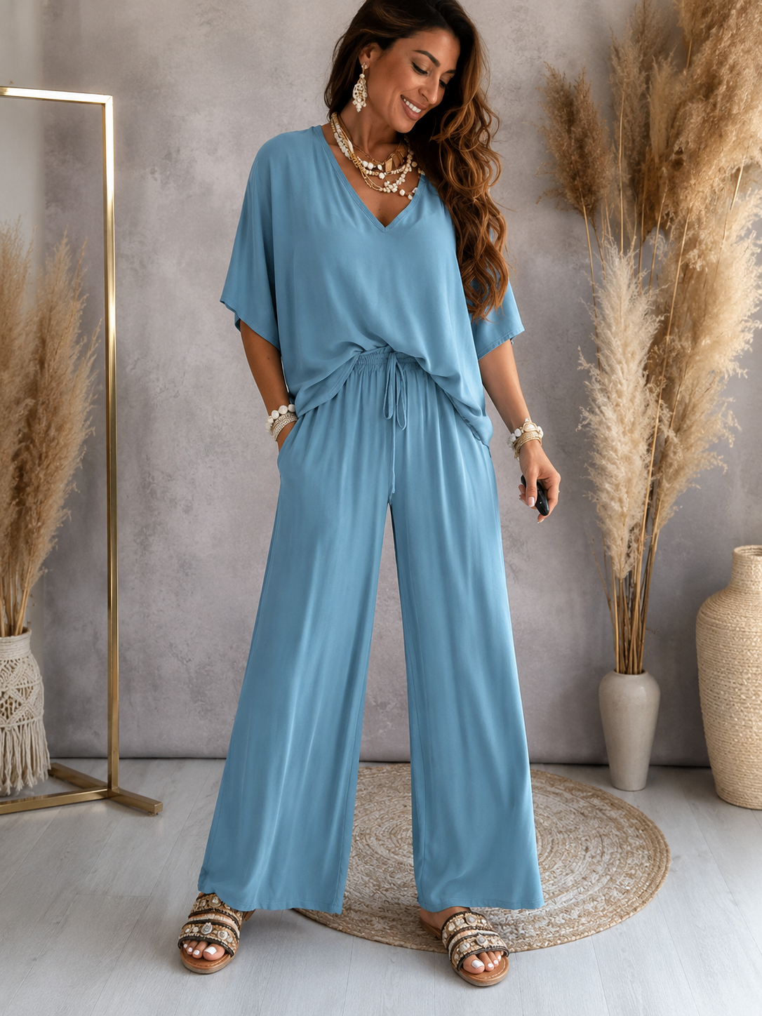 Womens V-Neck Batwing Sleeve Wide-Leg Pants Set