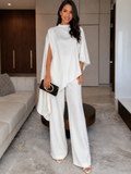 Drapey Satin Two-Piece Set with Shawl Top and Wide-Leg Pants