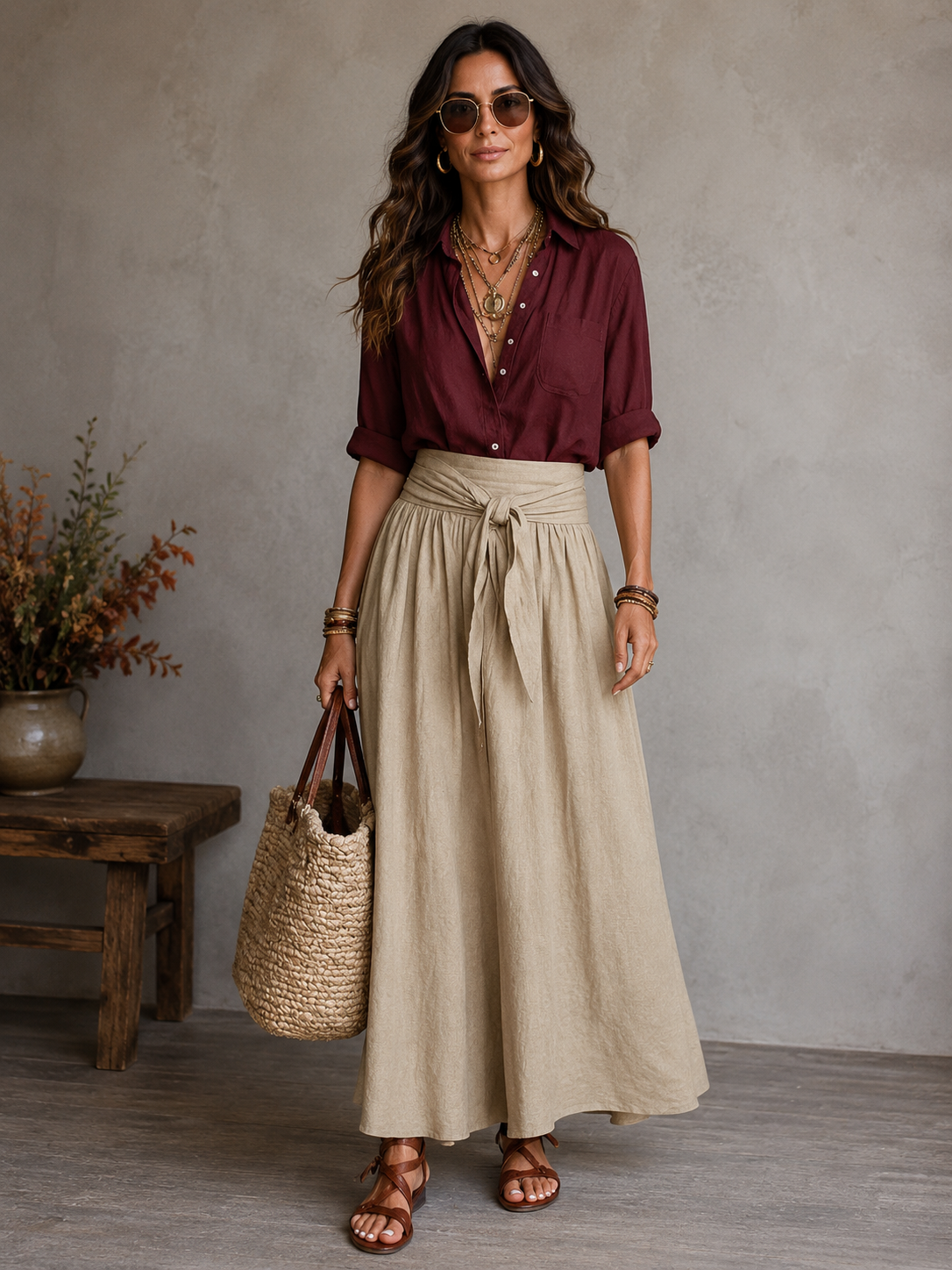Conjunto informal de dos piezas para mujer: falda y camisa.