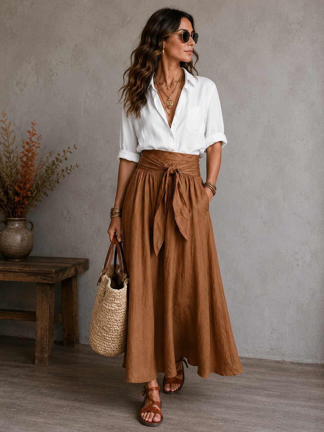 Conjunto informal de dos piezas para mujer: falda y camisa.