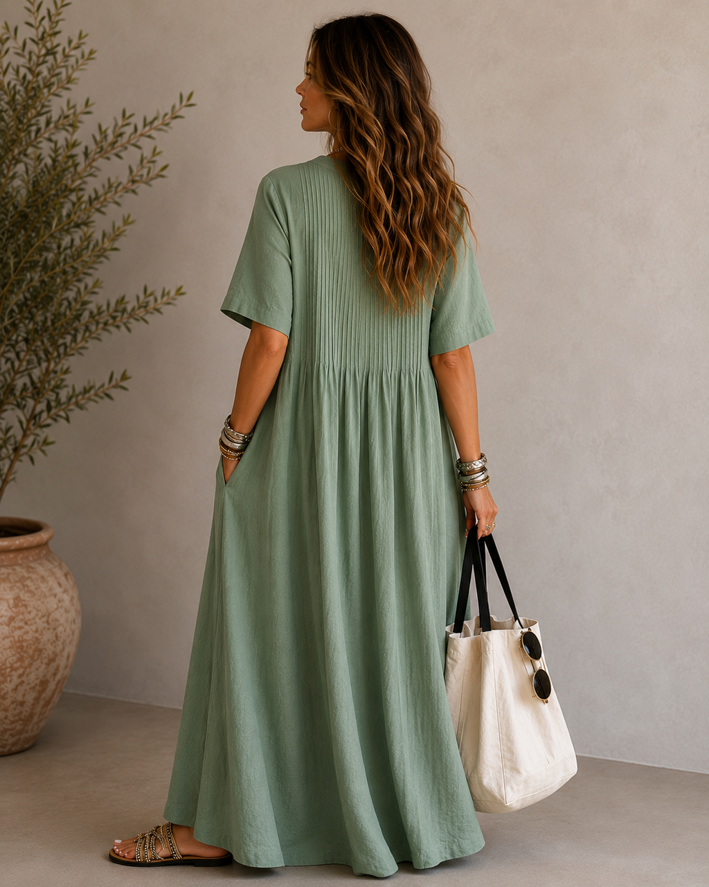 Women's V-Neck Pleated Cotton Linen Dress