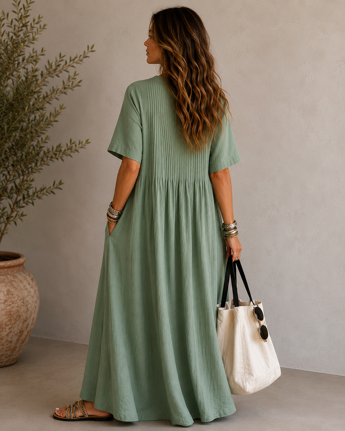 Women's V-Neck Pleated Cotton Linen Dress