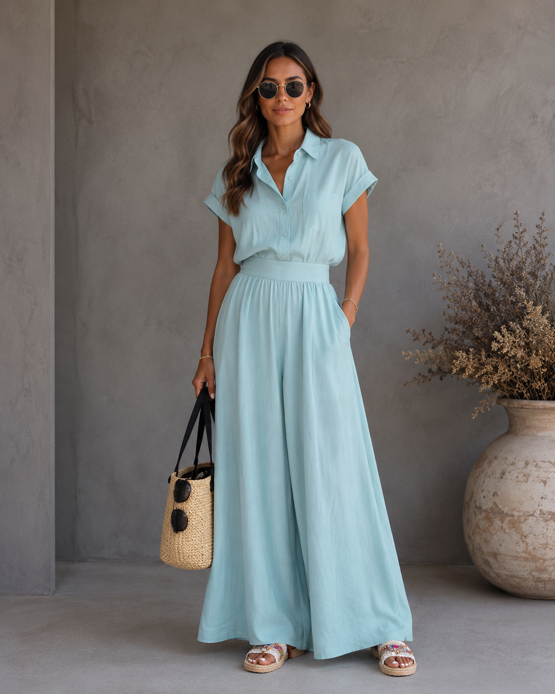 Conjunto de dos piezas de moda primavera-verano: camisa lisa y pantalón de pierna ancha.