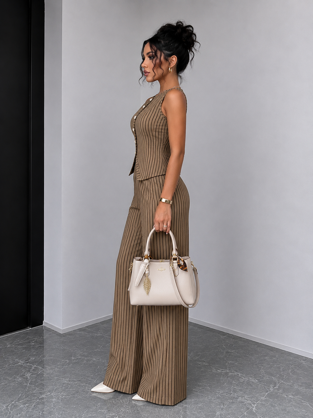 Womens Retro Striped Vest and Wide-Leg Pants Set