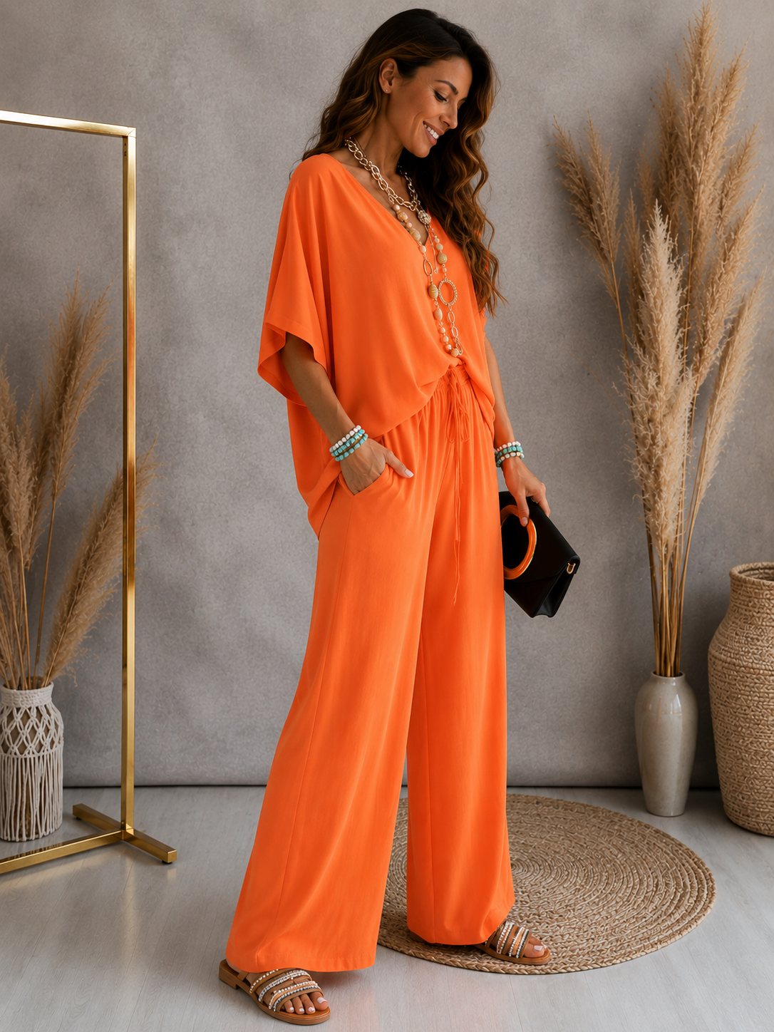 Womens V-Neck Batwing Sleeve Wide-Leg Pants Set