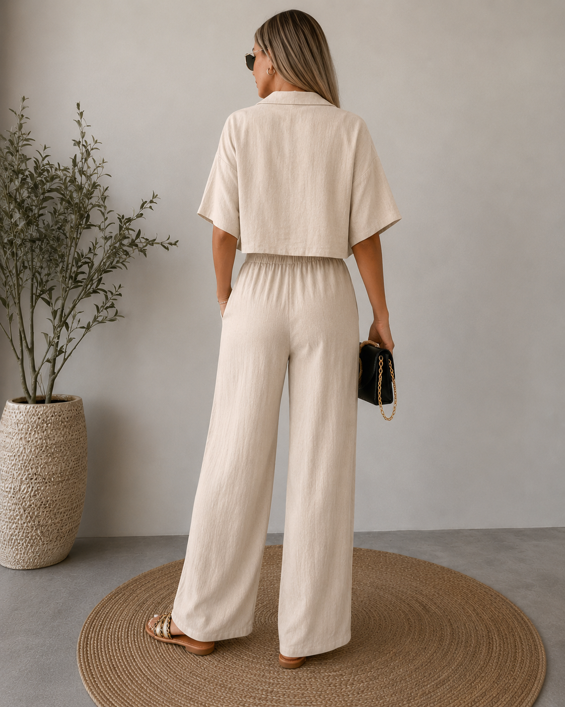 Cotton Linen Shirt and Wide Leg Pants