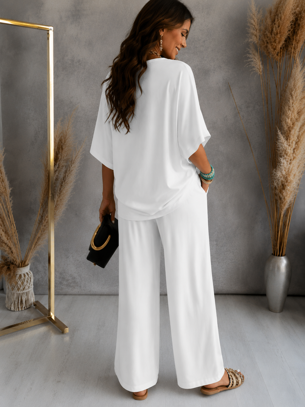 Womens V-Neck Batwing Sleeve Wide-Leg Pants Set