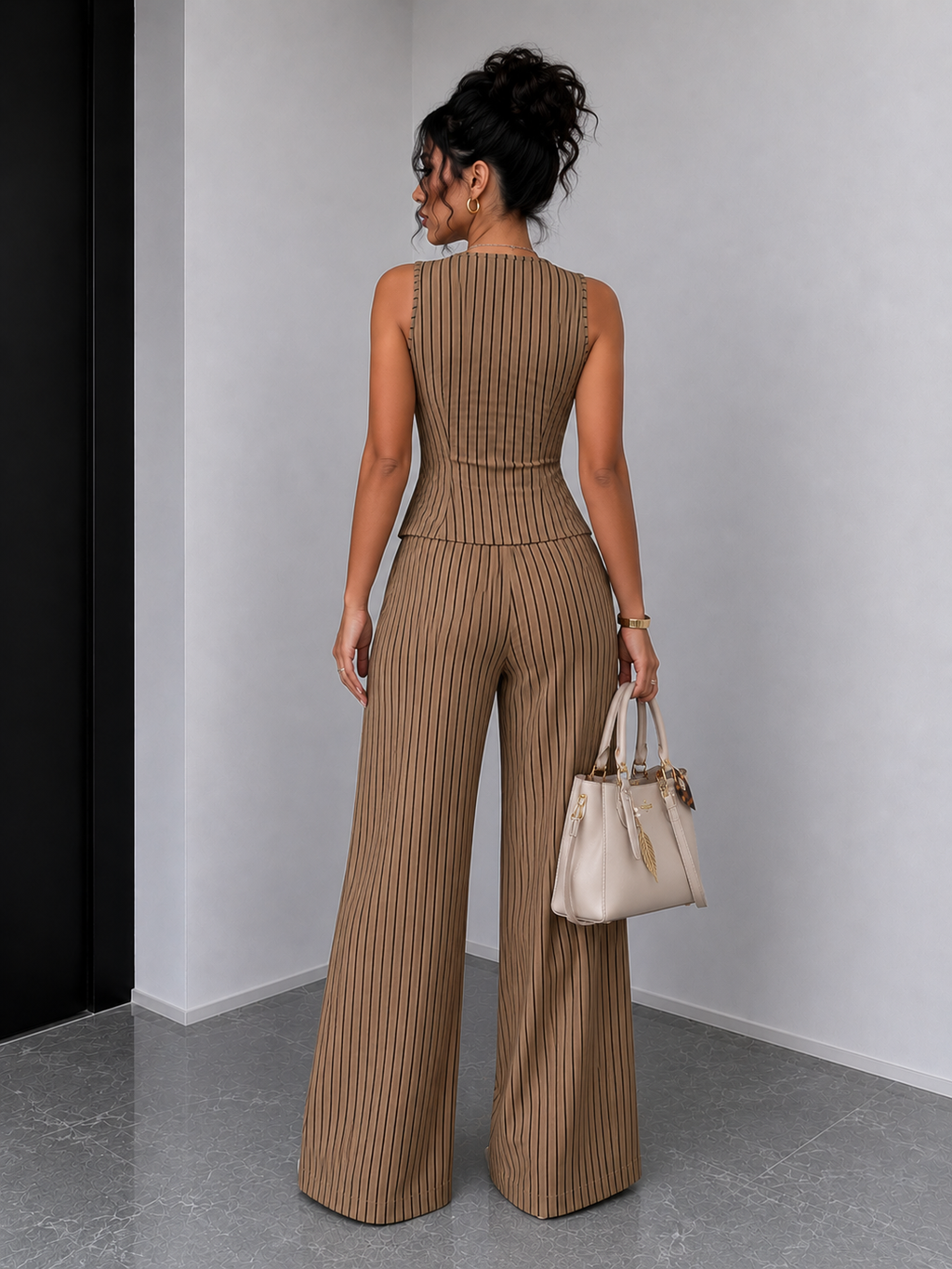 Womens Retro Striped Vest and Wide-Leg Pants Set