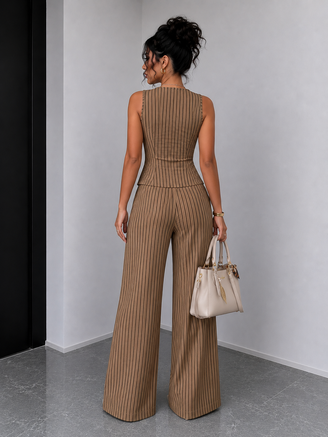 Womens Retro Striped Vest and Wide-Leg Pants Set