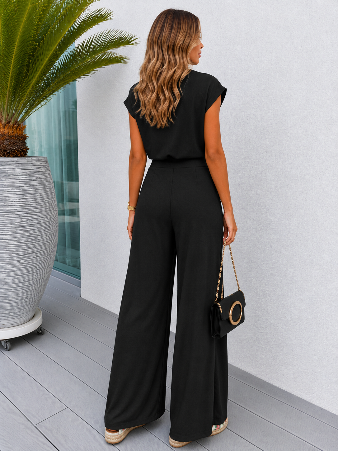 Womens Sleeveless V-Neck Wide Leg Casual Suit Set