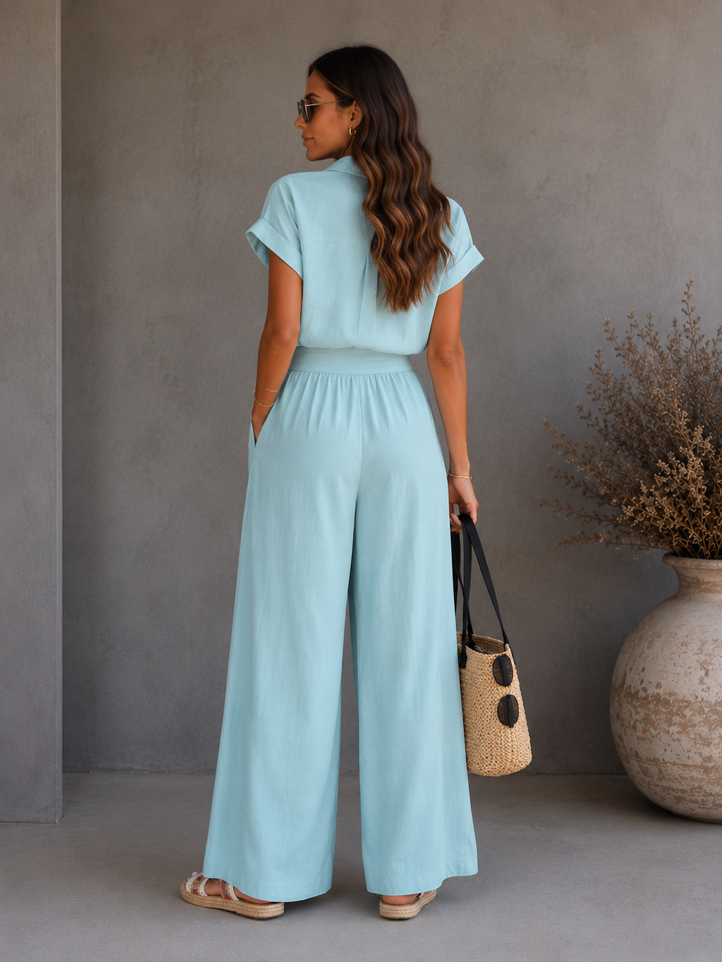 New Fashion Spring-Summer Casual Solid Shirt and Wide-Leg Pants Two-Piece Set