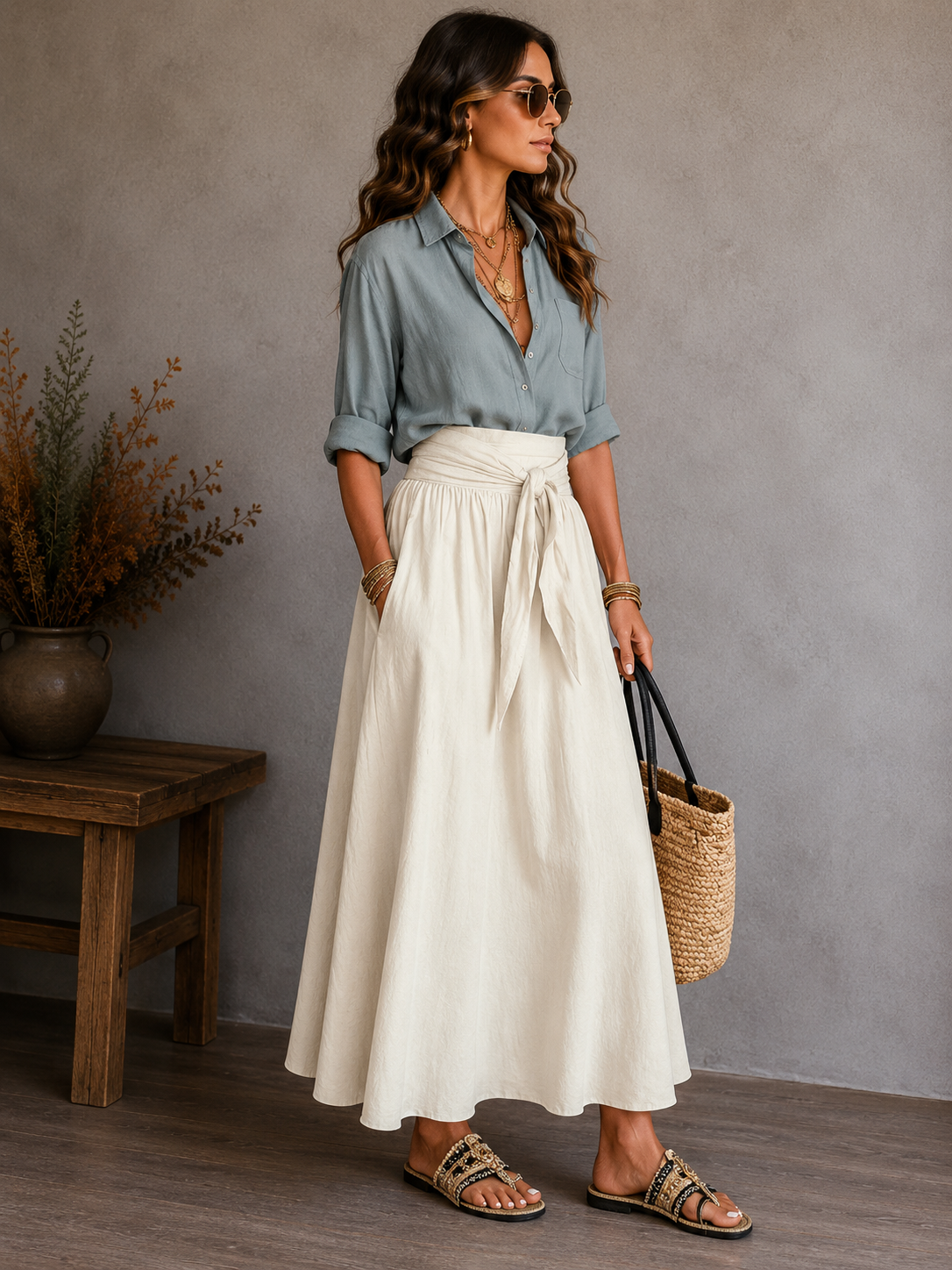 Conjunto informal de dos piezas para mujer: falda y camisa.