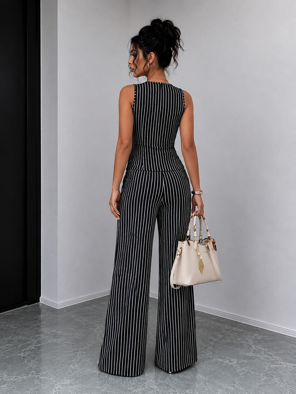 Womens Retro Striped Vest and Wide-Leg Pants Set