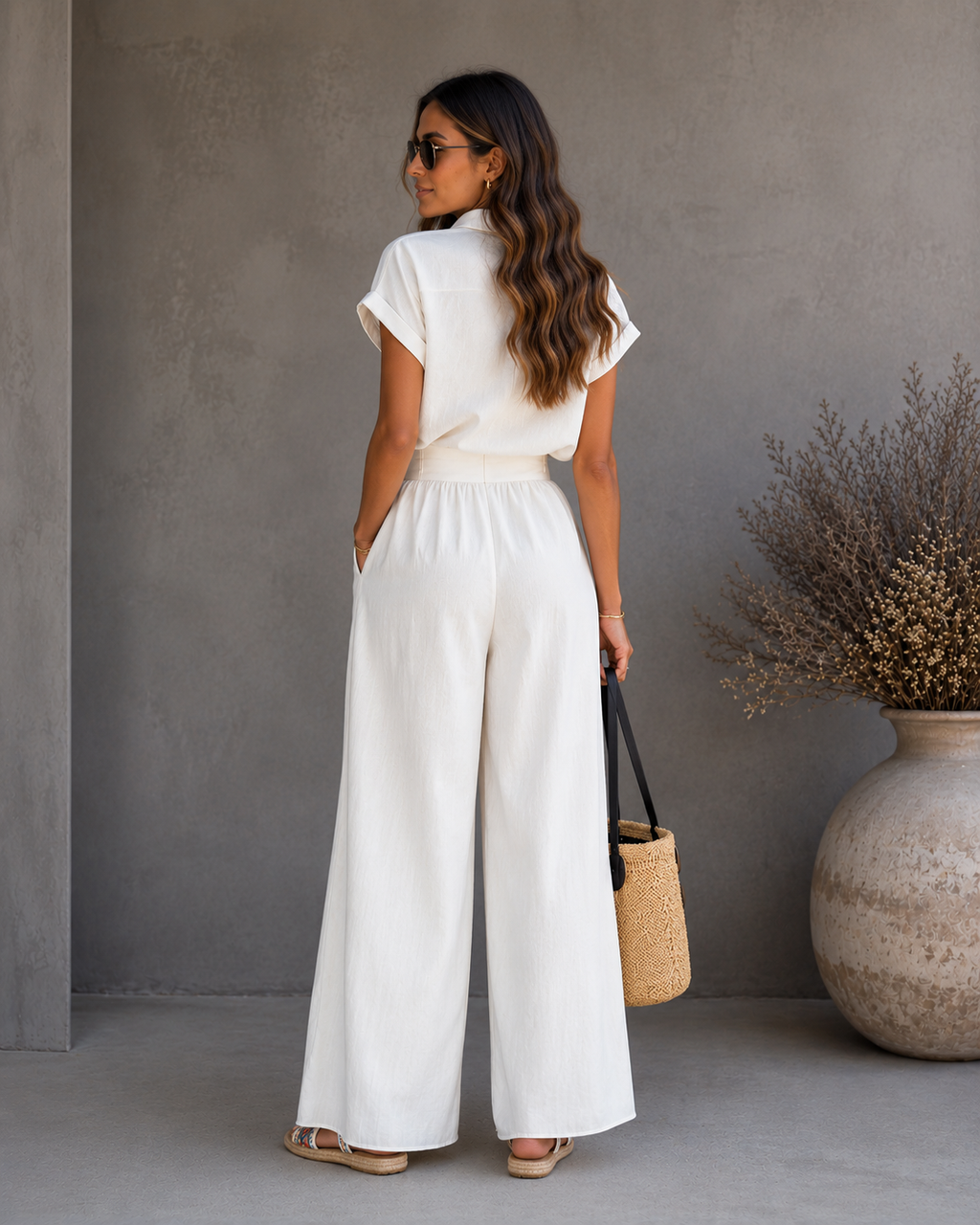 New Fashion Spring-Summer Casual Solid Shirt and Wide-Leg Pants Two-Piece Set