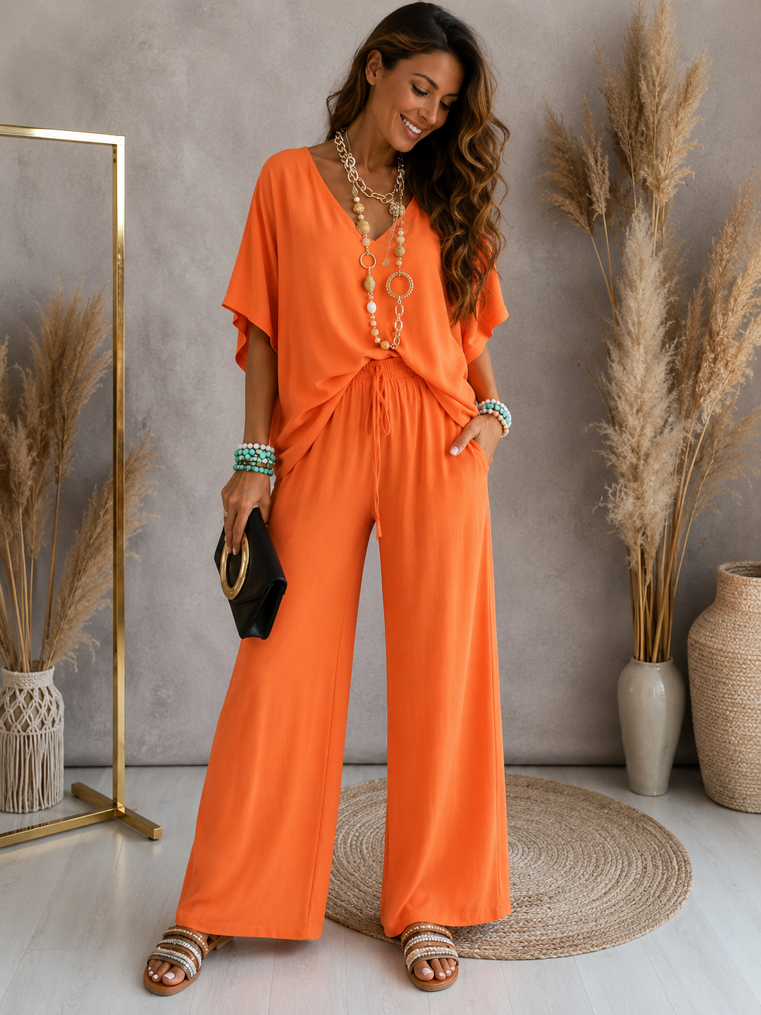 Conjunto de pantalón ancho con cuello en V y mangas murciélago para mujer