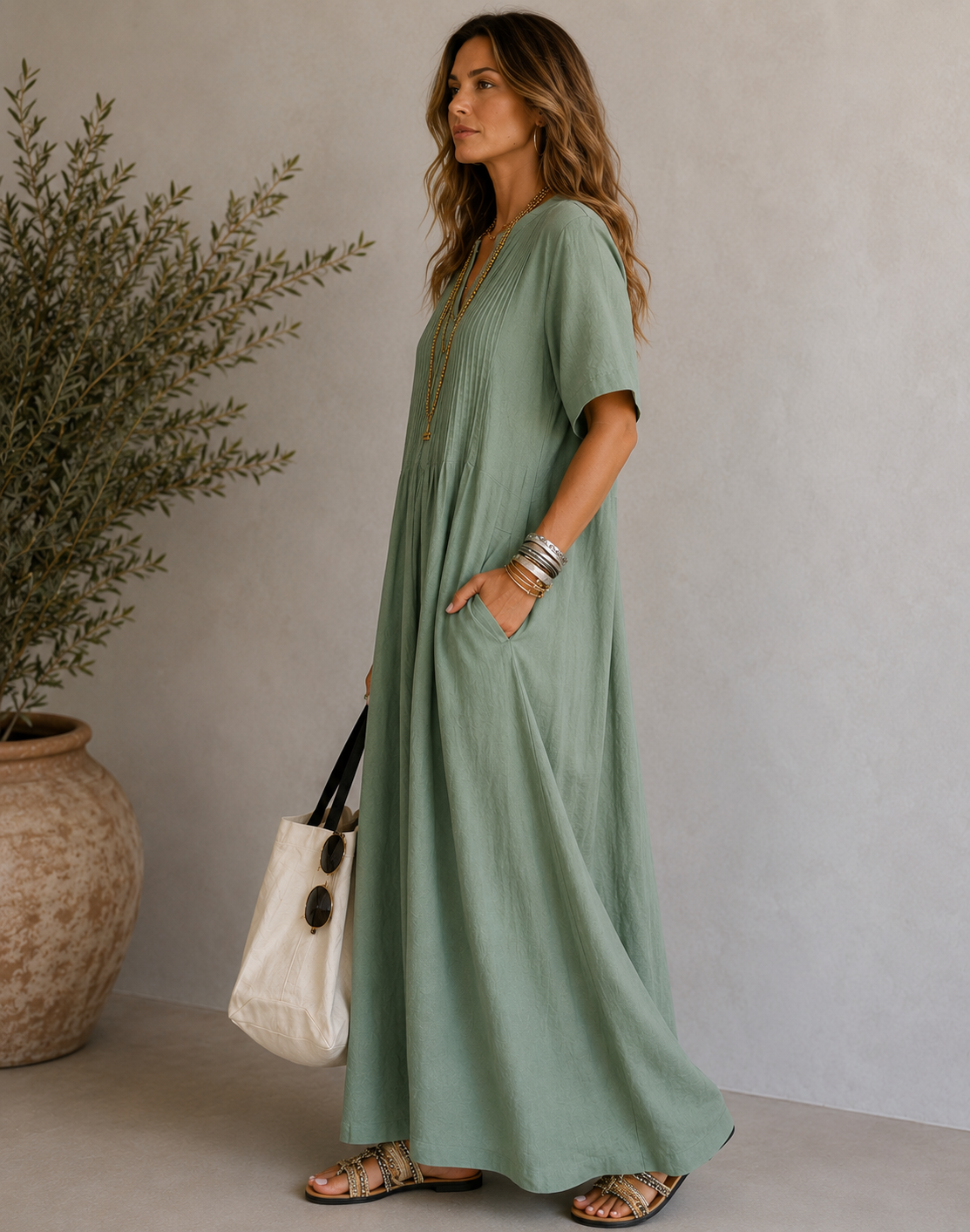 Women's V-Neck Pleated Cotton Linen Dress