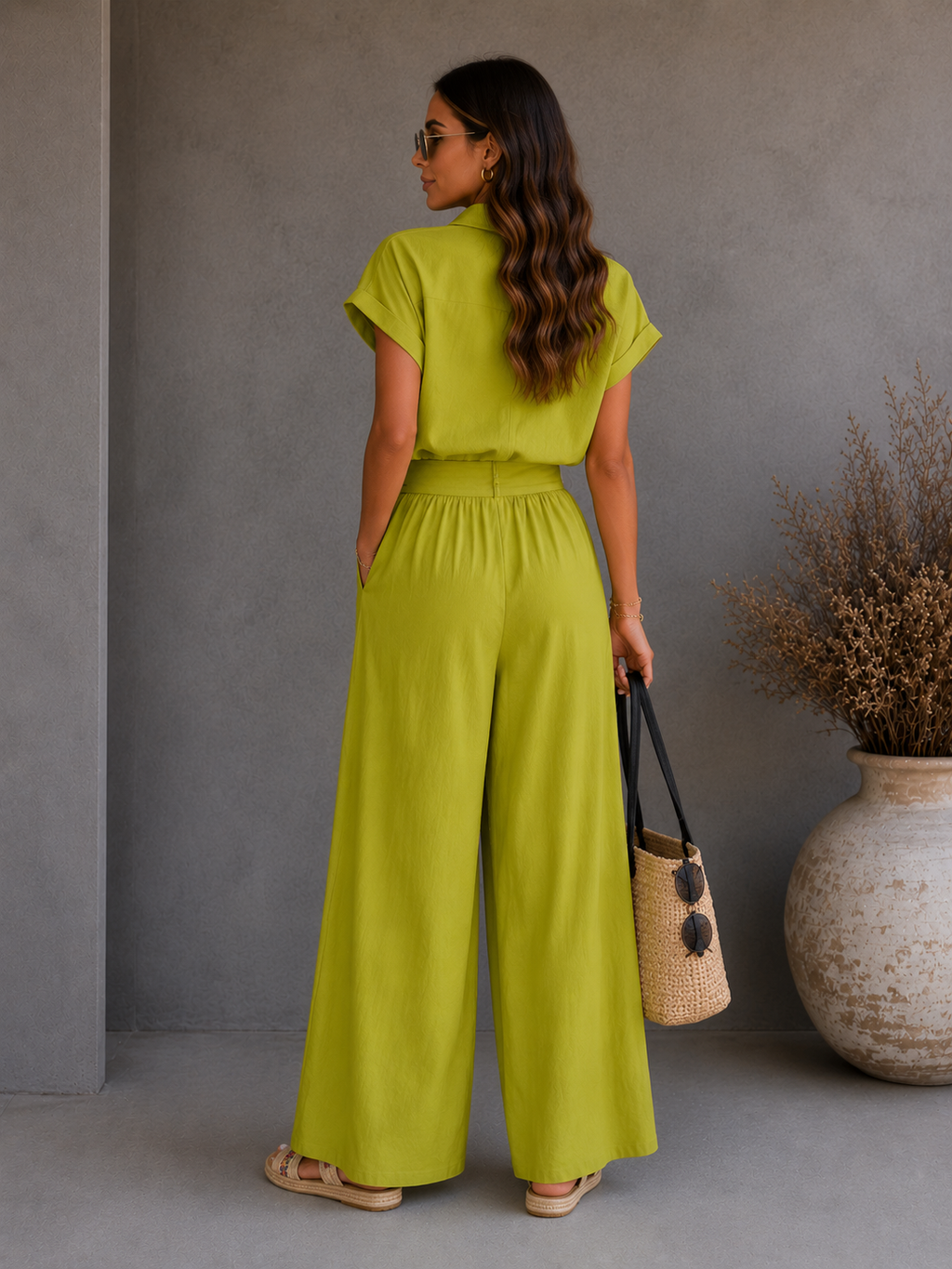 New Fashion Spring-Summer Casual Solid Shirt and Wide-Leg Pants Two-Piece Set
